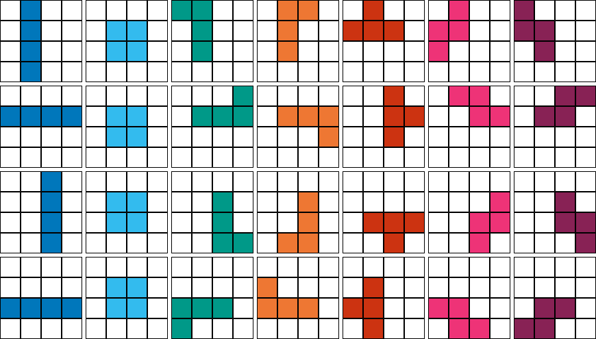 The seven Tetris shapes used in the Tetris game. Each block can be