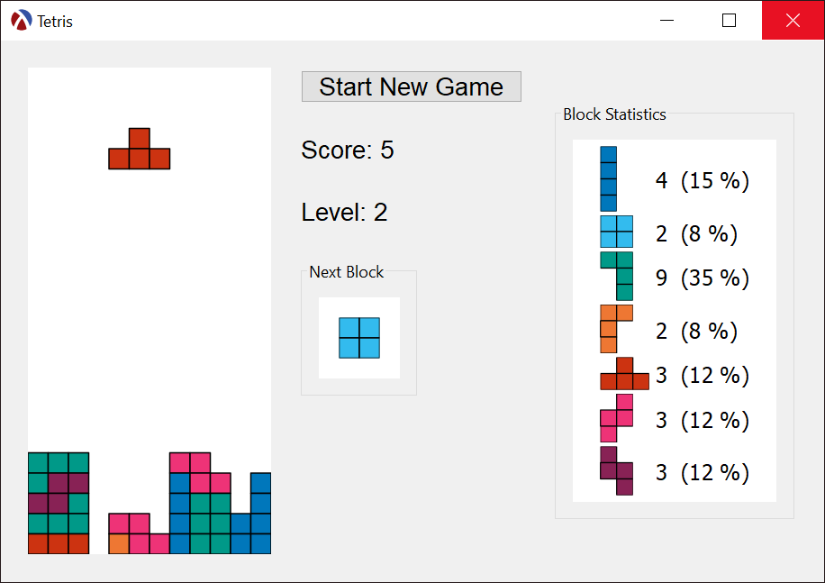 A screenshot of the game Tetris. Blocks fall from the top of the